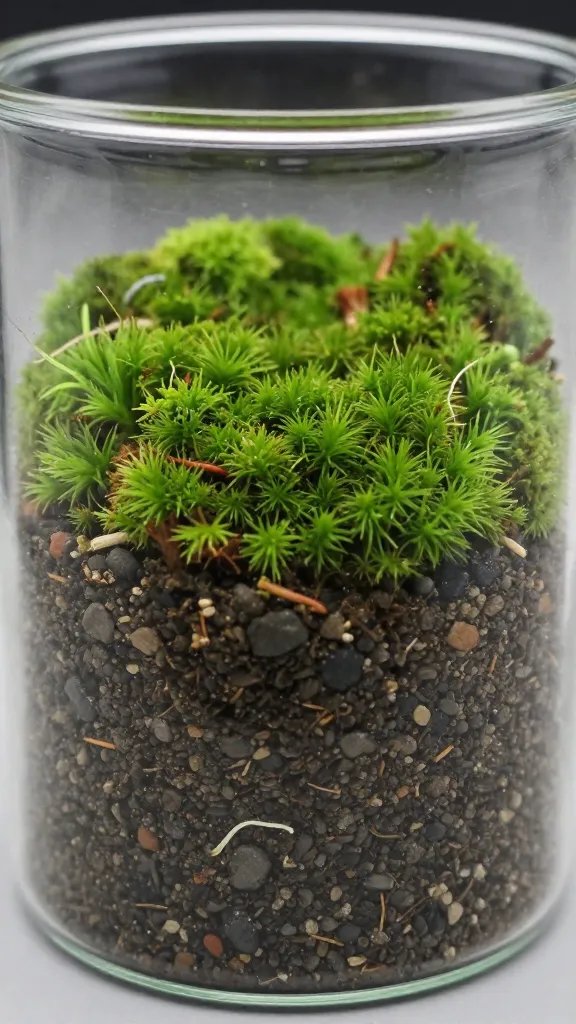 sphagnum moss and perlite substrate in clear jar, macro