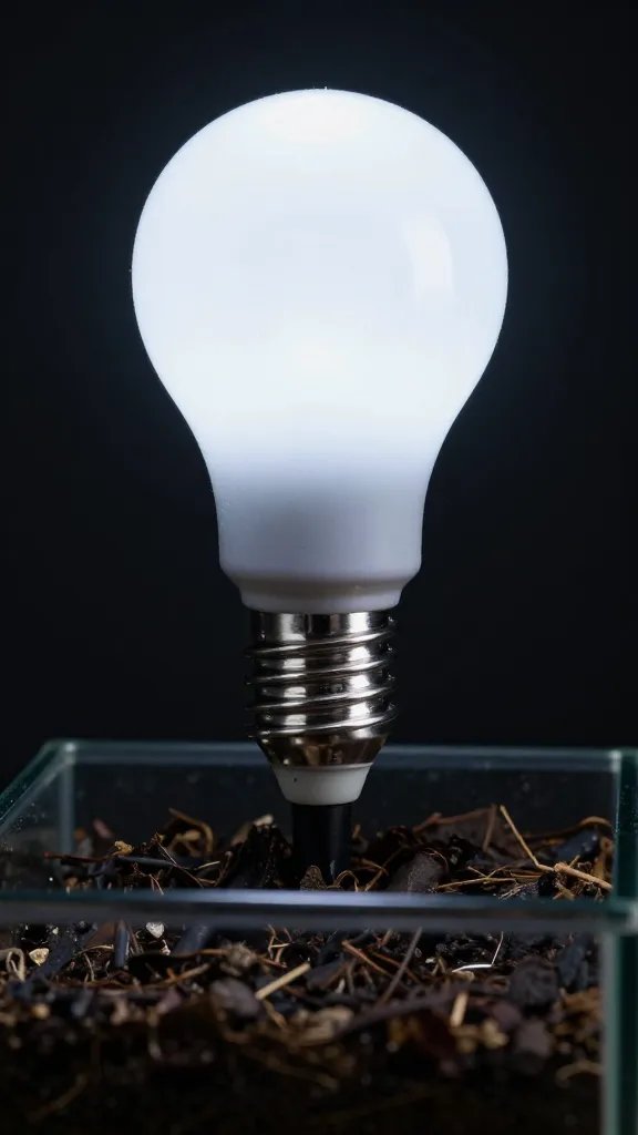 LED grow bulb 6 inches above open terrarium, close shot