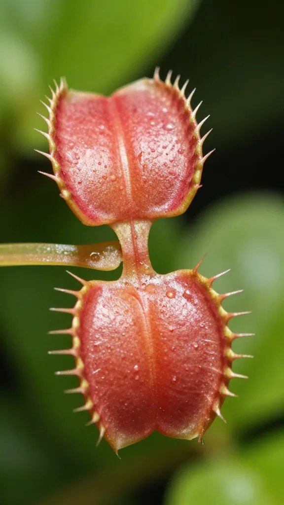 single healthy flytrap trap with red interior, macro