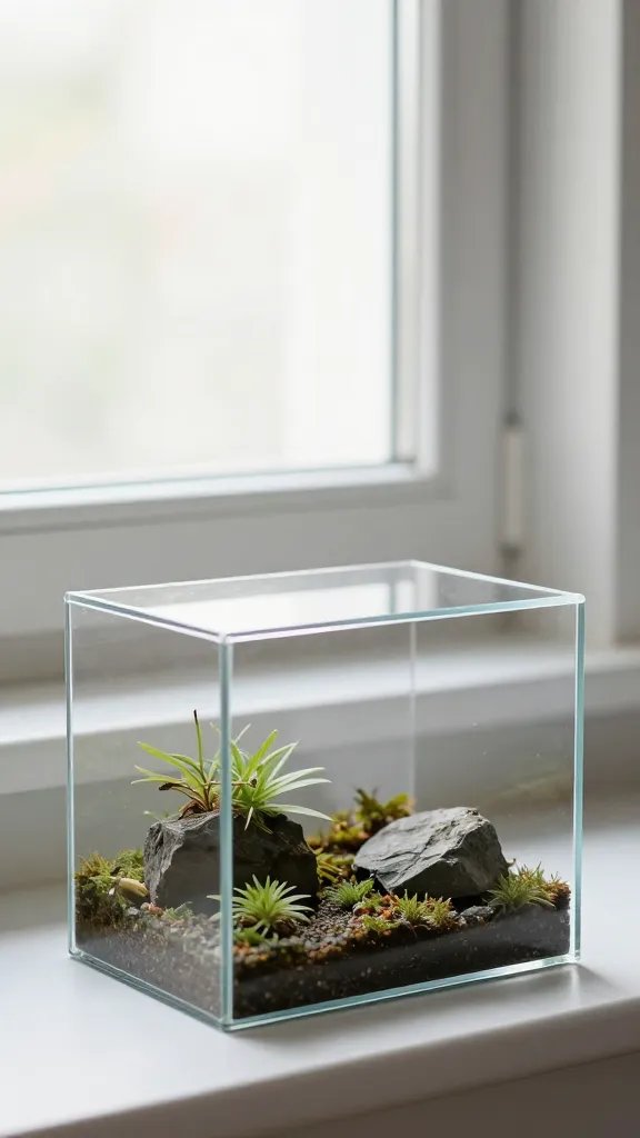 bright indirect window light on acrylic terrarium, closeup