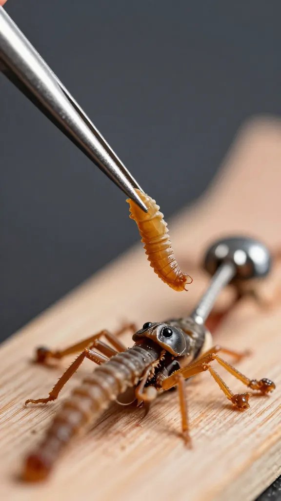 feeding tweezers holding dried bloodworm near flytrap, macro