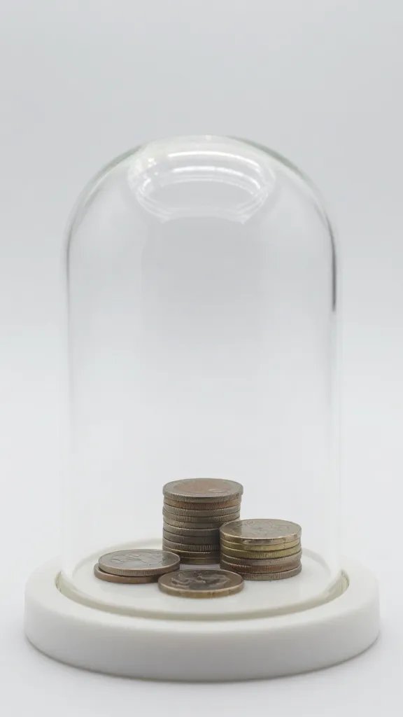 closeup glass cloche propped on three coins, 3mm gap