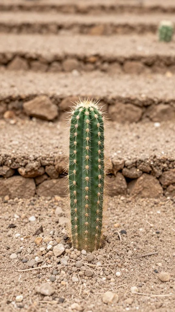 single small cactus in gritty substrate layers, side view