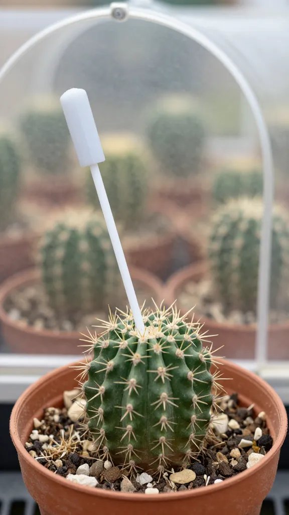 moisture meter probe in cactus pot under open cloche
