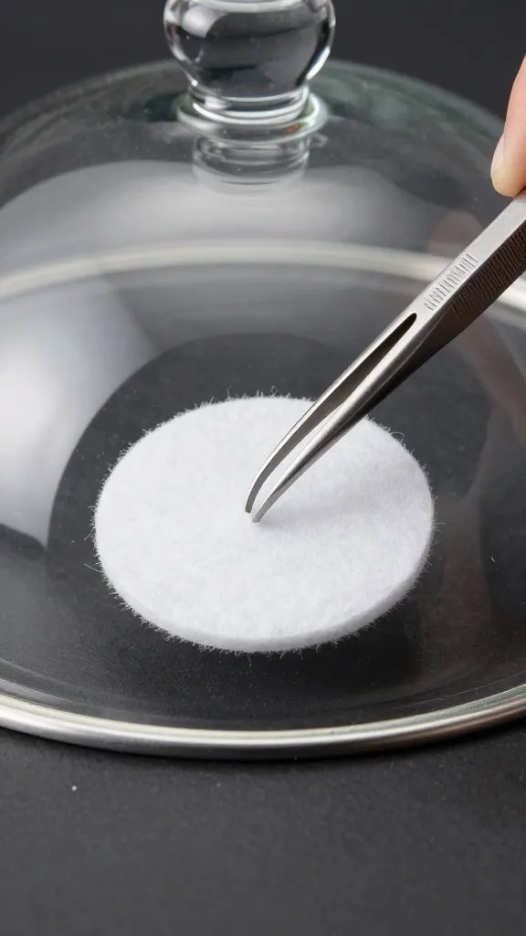 stainless tweezers placing felt pad under cloche rim