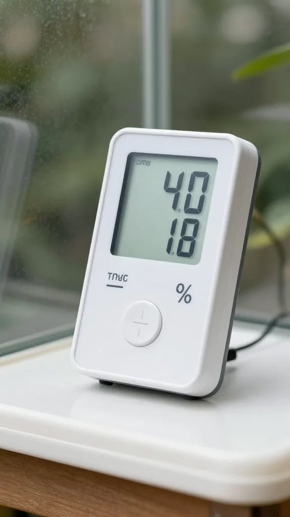 hygrometer reading 40% beside ventilated cloche base