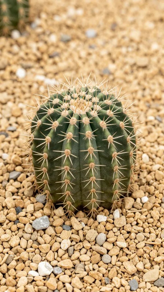 closeup of dry topdressing gravel around one cactus