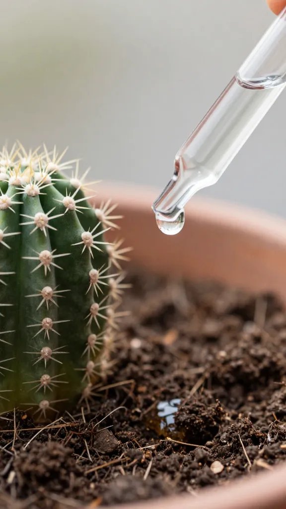dropper adding one water drop to soil near cactus