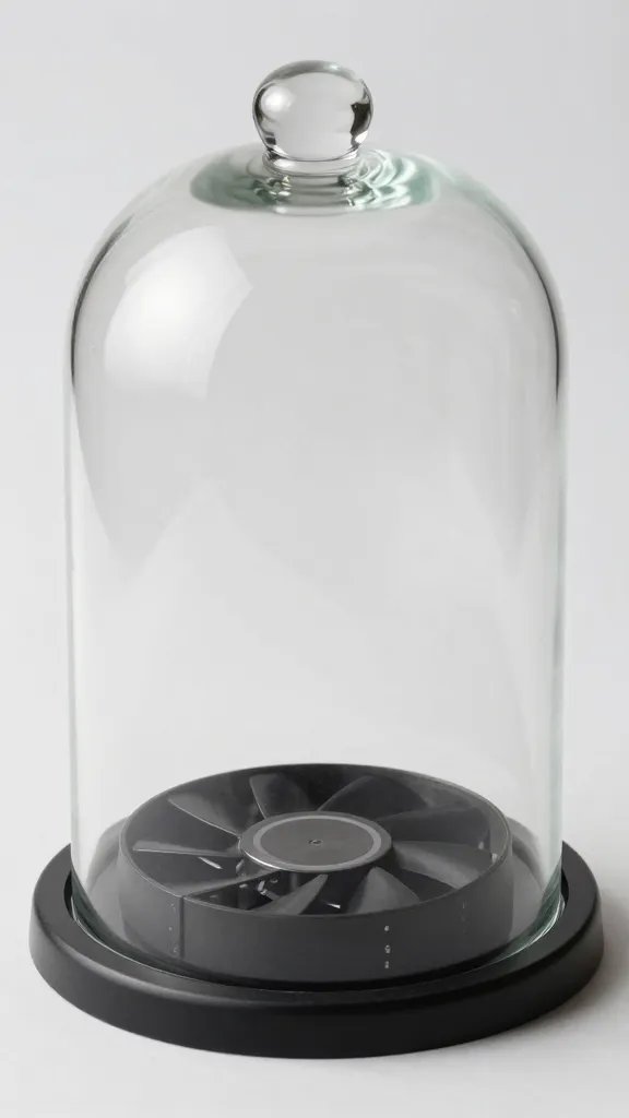 USB mini fan blowing across partially raised glass cloche