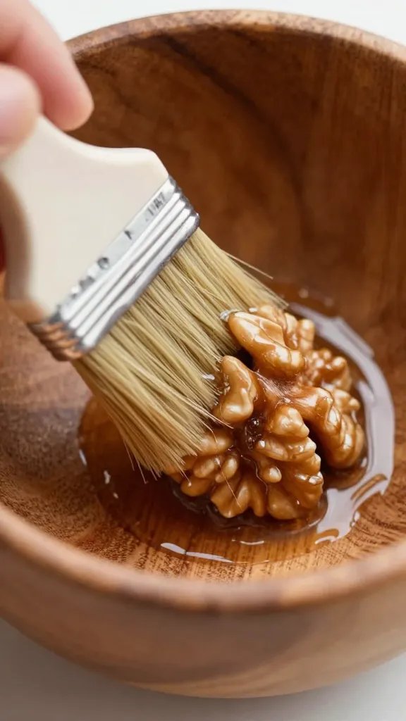 closeup of walnut wooden bowl interior being brushed with sealer