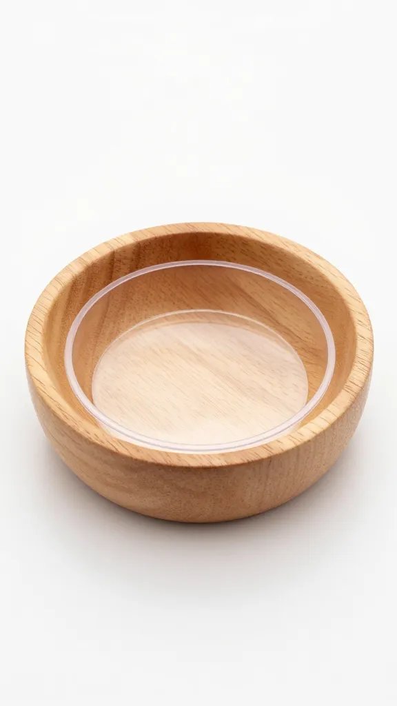 single thin clear plastic liner fitted inside wooden bowl