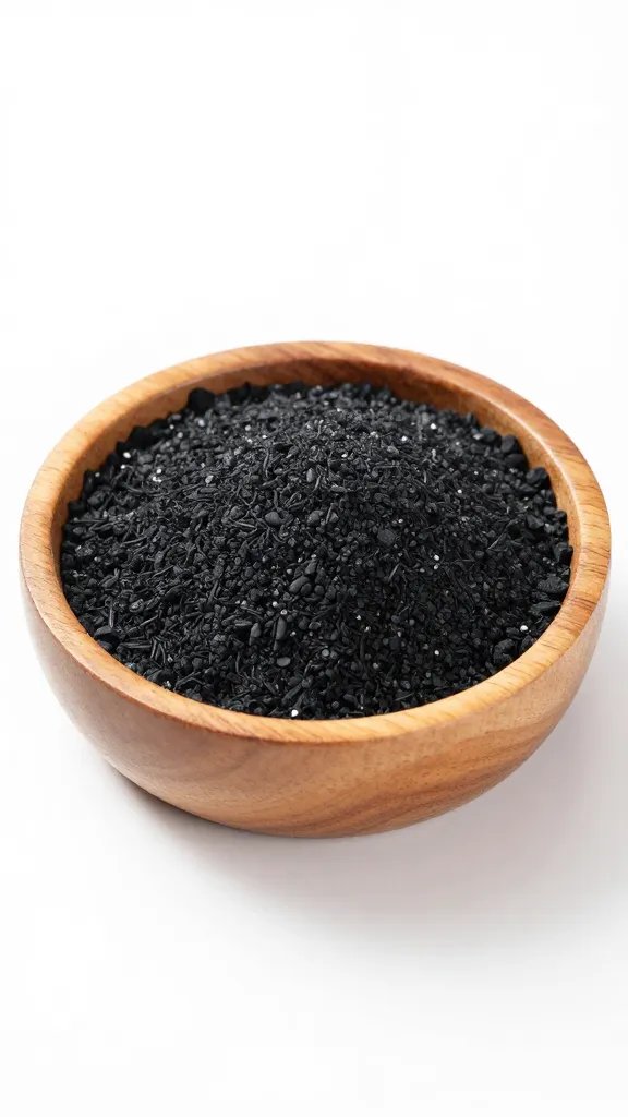 single layer of horticultural charcoal in wooden bowl