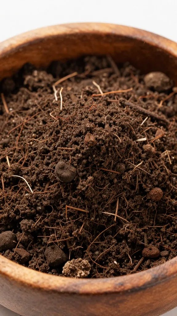 closeup of succulent soil mound centered in wooden bowl
