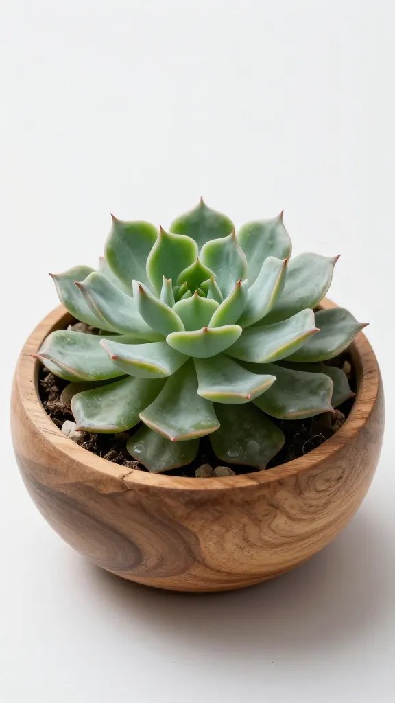 single rosette echeveria planted in layered wooden bowl