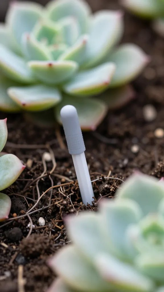 closeup of moisture meter inserted in succulent soil