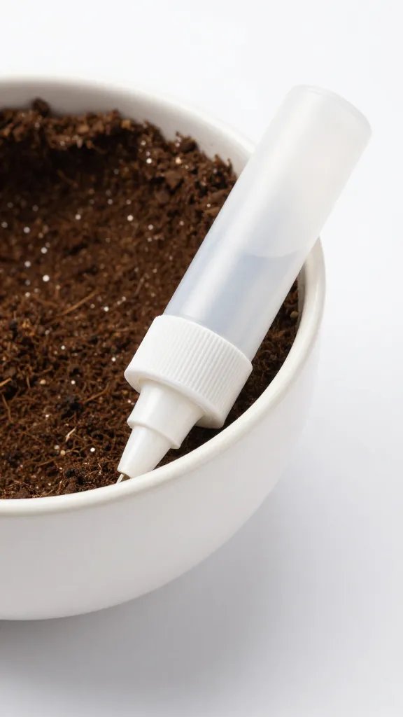 single fine-tip squeeze bottle watering soil edge in bowl