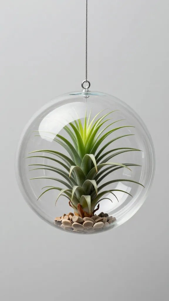 single Tillandsia xerographica in clear hanging globe