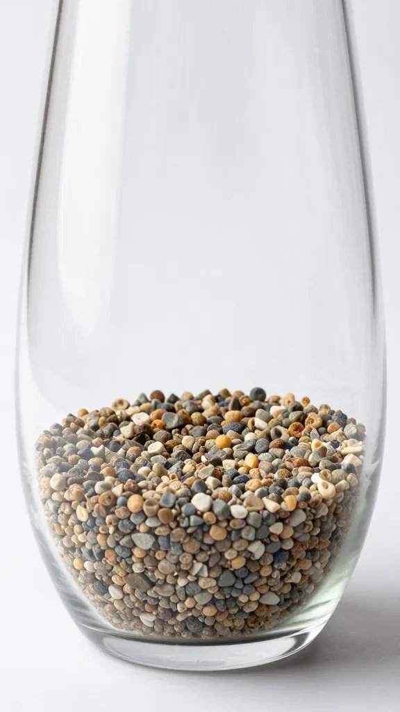 coarse aquarium gravel base inside clear hanging vase