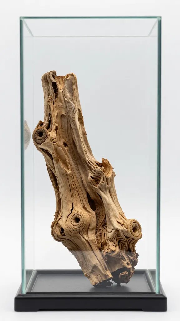 dried cholla wood piece inside glass terrarium