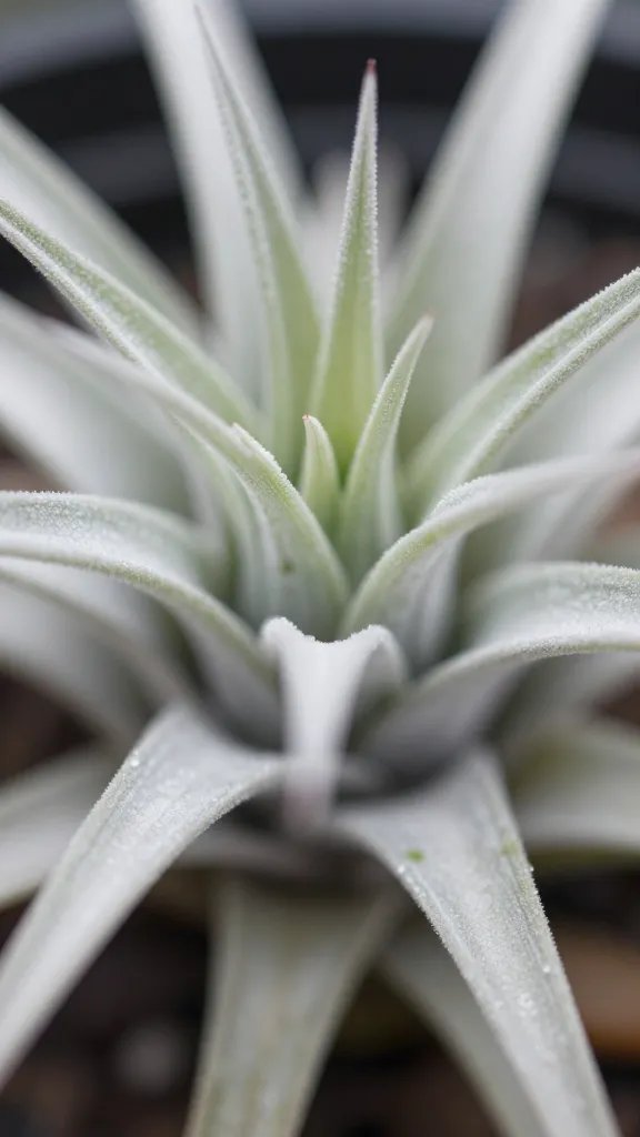 closeup air plant trichomes on silvery leaf tips