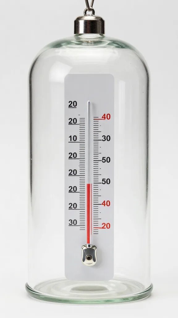 thermometer-hygrometer reading near hanging glass terrarium