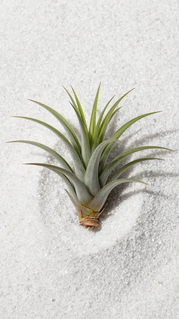 single air plant resting on white quartz sand