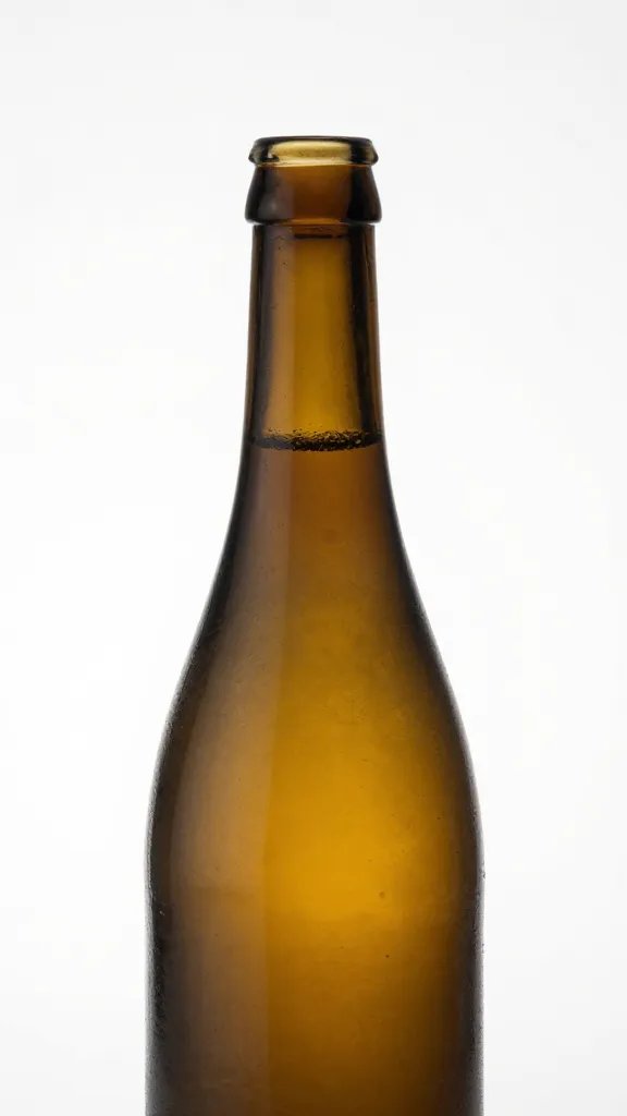 narrow-neck cider bottle on white backdrop, empty, closeup