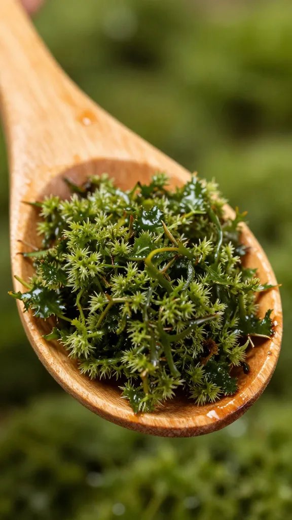 wooden spoon with damp sphagnum moss, macro closeup