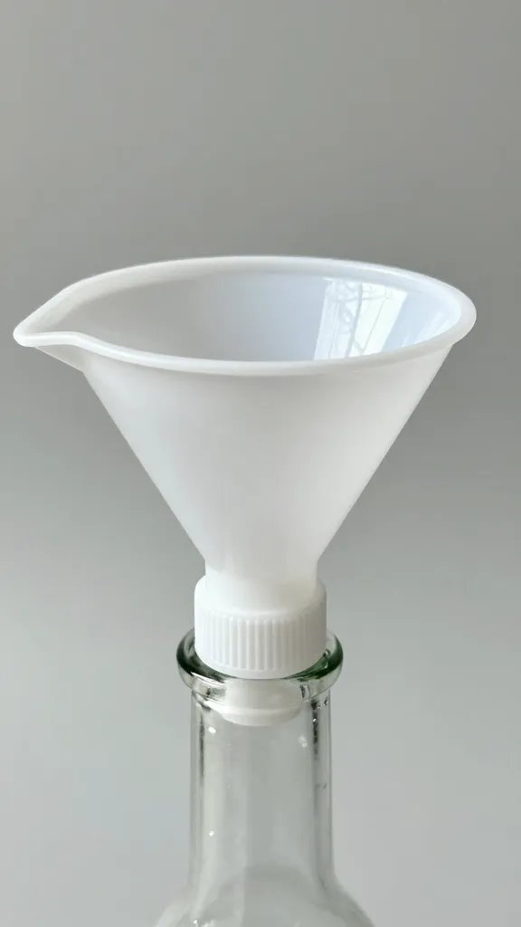 DIY plastic bottle funnel over glass neck, closeup