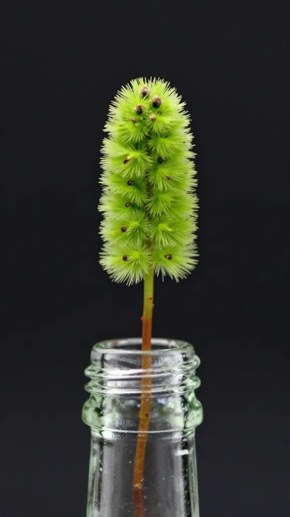 Selaginella cutting poised at bottle mouth, macro