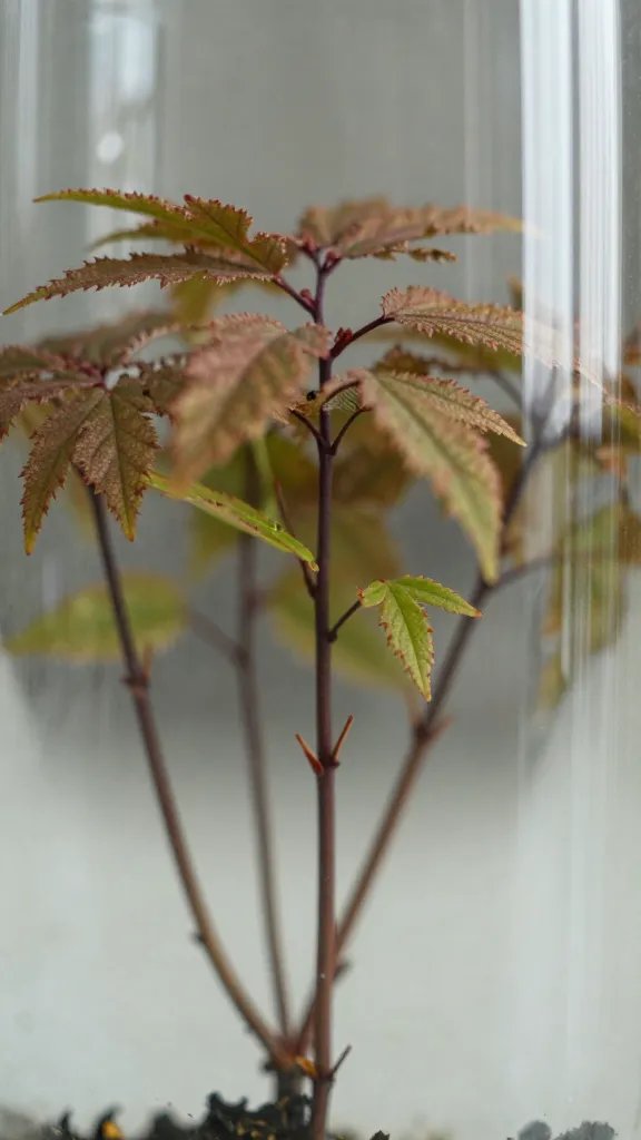 Pilea depressa sprig inside glass neck, telegraphed, closeup