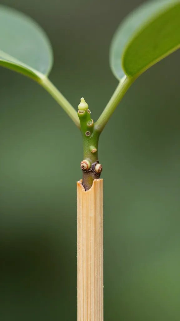 Ficus pumila ‘Minima’ node on chopstick tip, macro