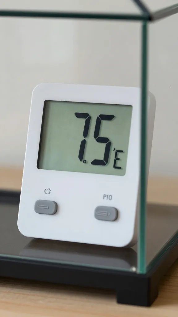 digital hygrometer reading 75°F beside glass terrarium
