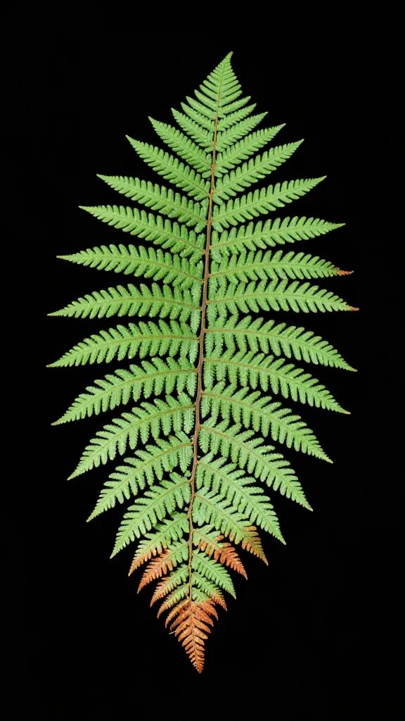single tropical fern frond with browned crispy tips