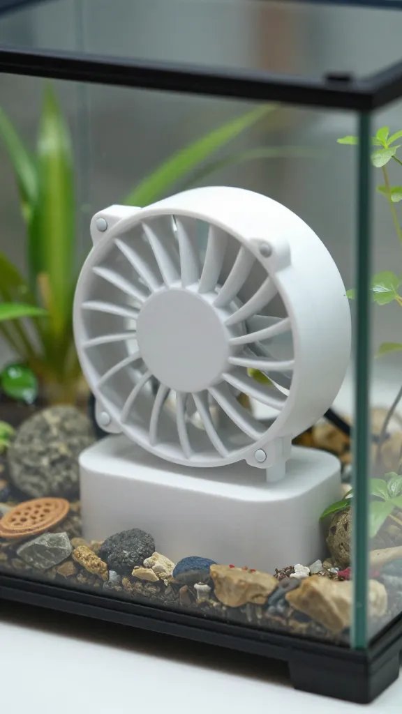 miniature USB fan gently circulating air inside terrarium