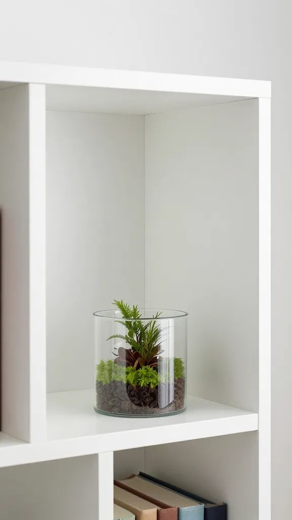 insulated interior bookshelf corner with small glass terrarium