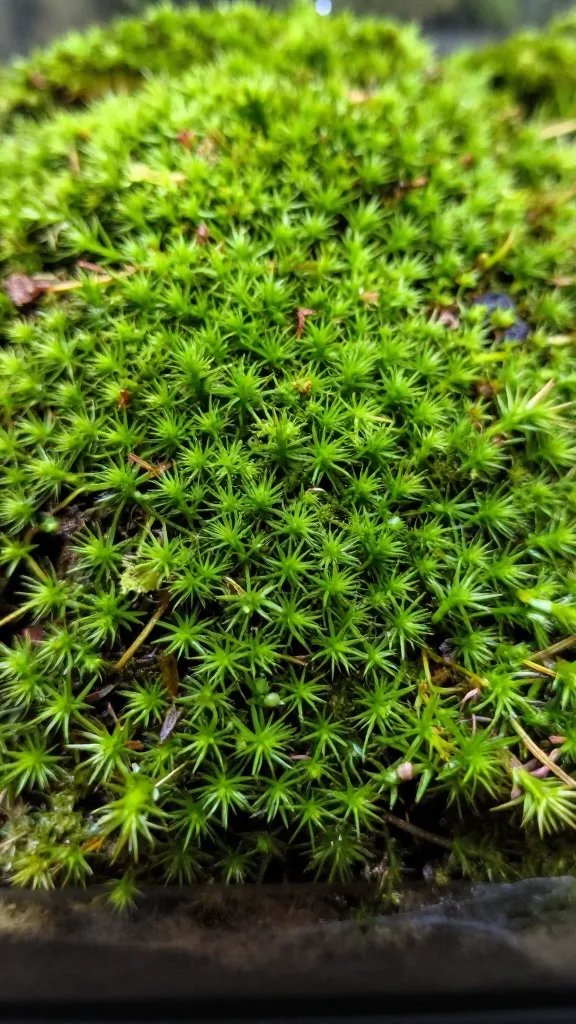 moss layer detail showing fresh green growth in terrarium