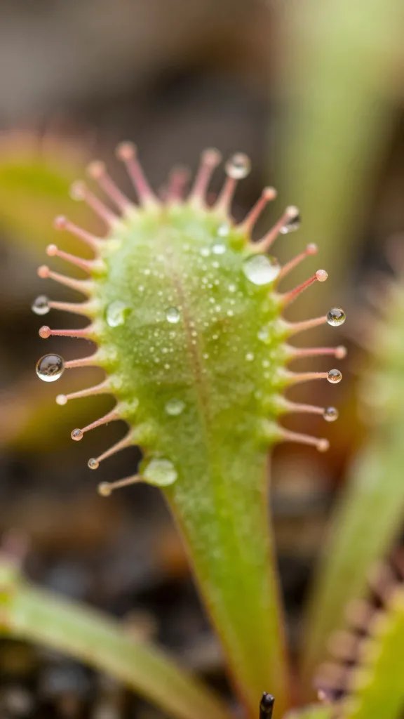 closeup of sundew leaf with dewdrop-tipped tentacles