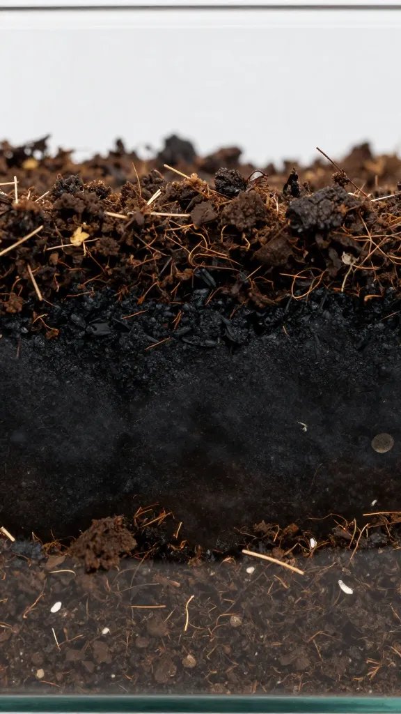 waterlogged terrarium soil showing anoxic black layer, macro