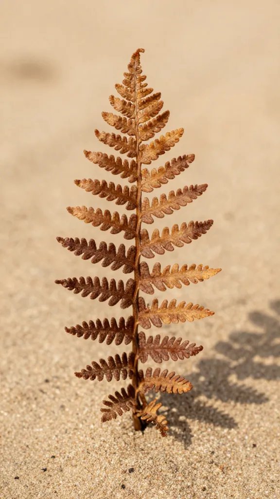 closeup of crispy fern frond in dry sand substrate