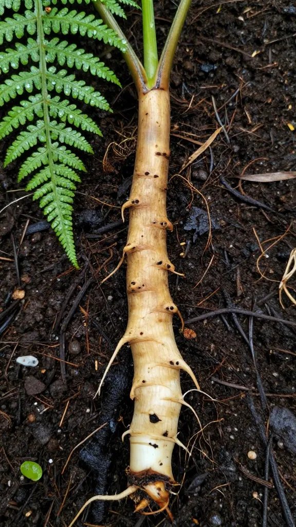 fern rhizome on leaf-mold soil with dewdrops