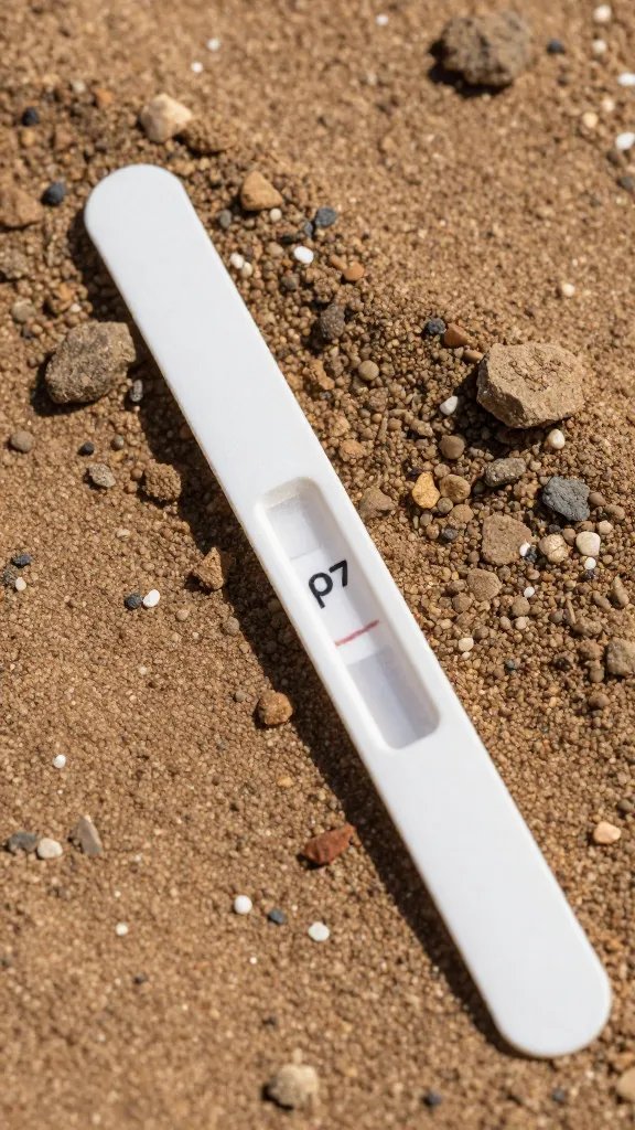 pH test strip reading alkaline beside desert substrate