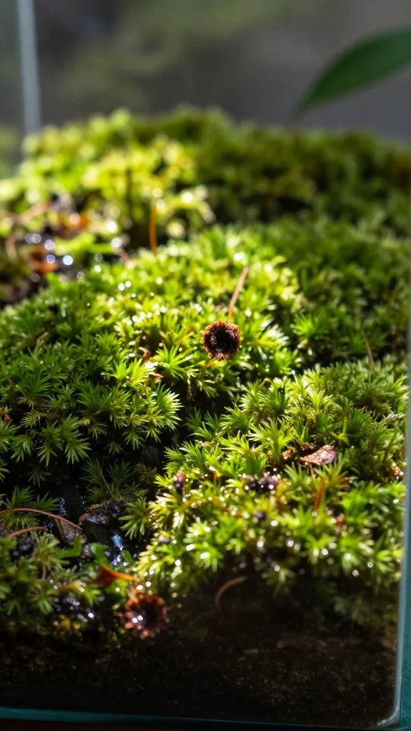 closeup of moss patch with sun scorch on glass terrarium