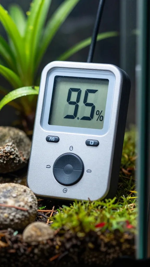 hygrometer reading 65% inside closed terrarium, macro
