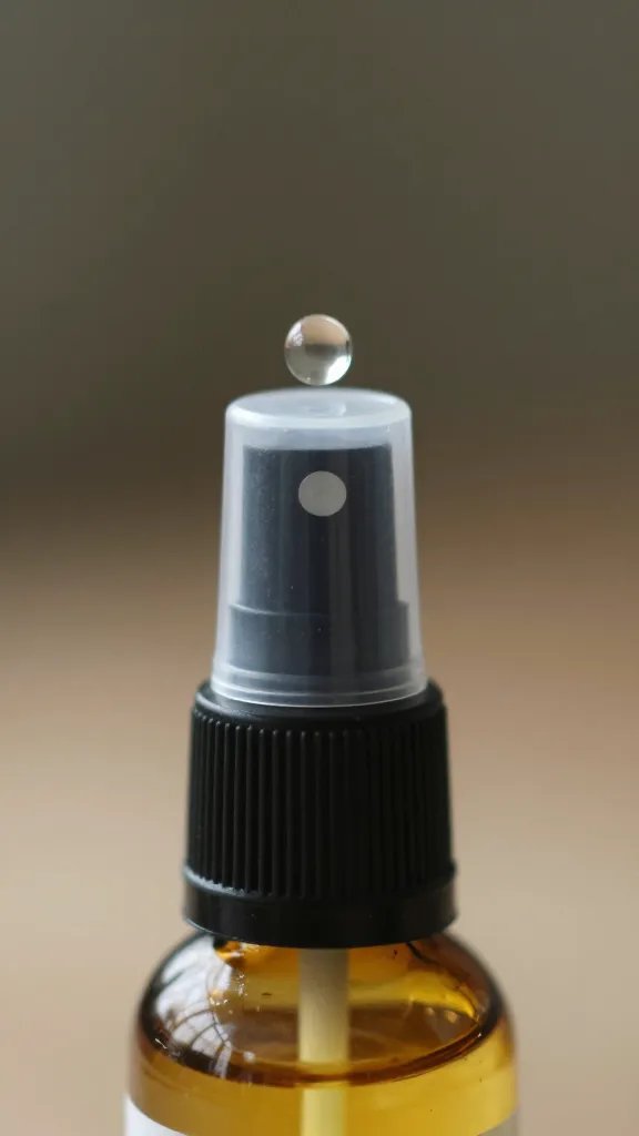 neem oil spray bottle nozzle with droplet, macro