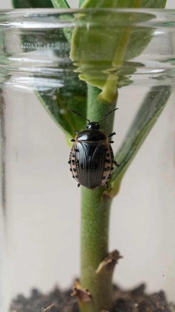 mealybug on peperomia stem inside glass jar, macro