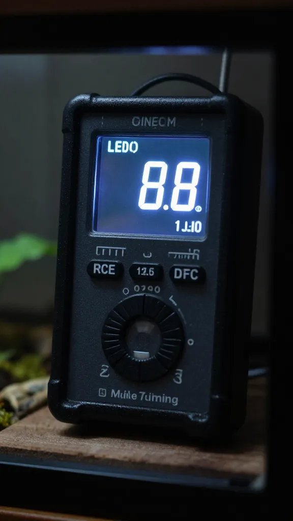 single LED light meter reading in terrarium doorway