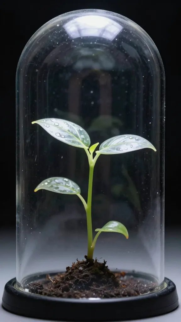 single seedling with translucent leaves under humidity dome