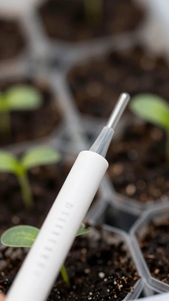 closeup moisture meter probe in seedling pot