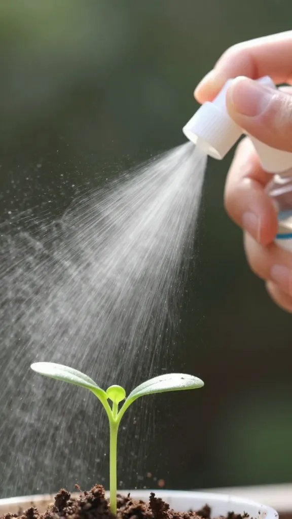 closeup spray bottle misting one tender seedling